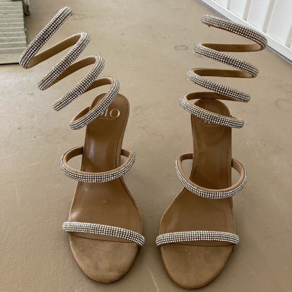 Jennifer Lopez Nude Tan Spiral Crystal-Embellished Platform Heels